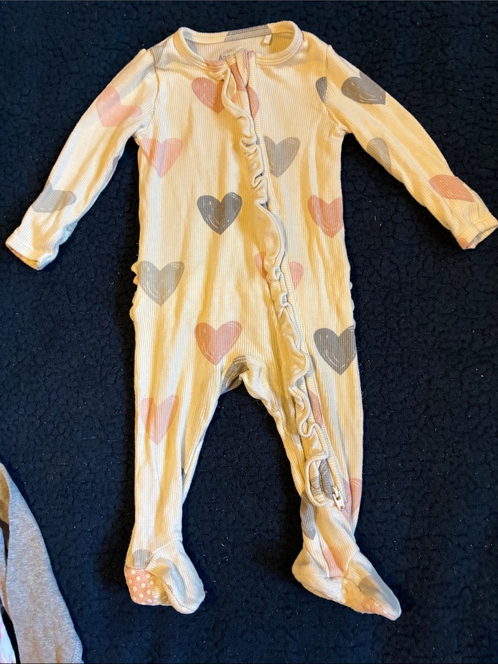 Angel Dear Cream Ribbed Footie with Pink & Gray Hearts